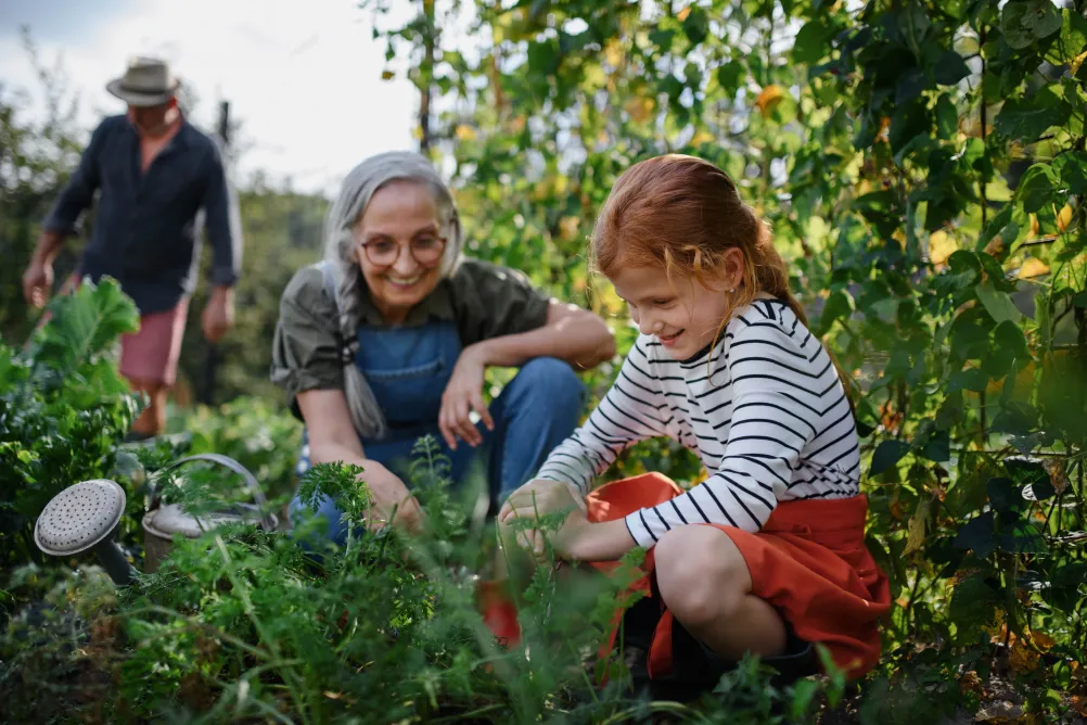 Woman and girl gardening