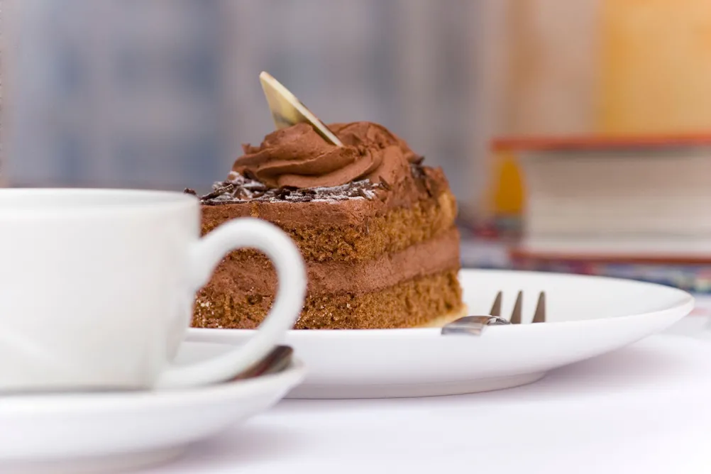 Chocolate cake on a plate next to a mug