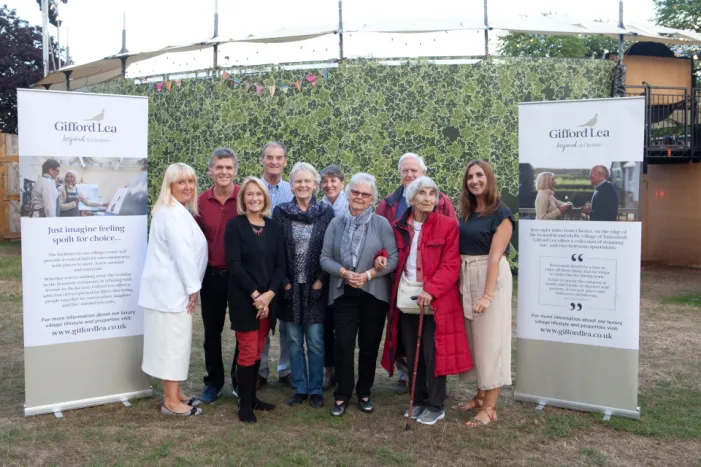Residents pose with Sue Cooper (Front Office Supervisor at Gifford Lea) and Kate Mylchreest (Storyhouse)